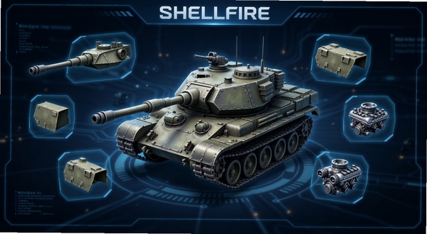 Shellfire̹�˸�װ�������ͼ����������Ϊһ�����ڲ��״̬��̹�ˣ���Χ�����Ż��ڡ�װ�װ塢���������㲿��ͼ�꣬����Ϊ����ɫ�Ƽ��н��棬������ͣ�ͻ����װ���������Ӿ�����