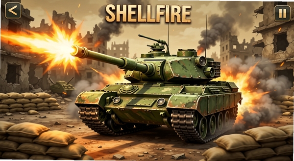 Shellfire 坦克对战游戏主界面,画面中央一辆绿色重型坦克正在开火,背景是城市废墟与沙袋掩体,炮火闪光与烟雾效果明显,整体色调偏暖,适配手游宣传图风格