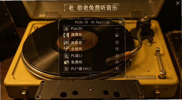 老歌免费听音乐 软件主界面 怀旧磁带风格 中央显示播放列表 背景是暖黄色调的老唱片机 整体氛围温馨复古