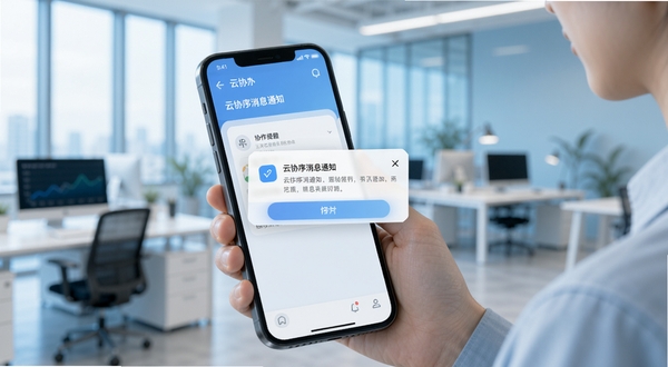 云协序消息通知界面,手机屏幕显示协作提醒弹窗,背景为现代办公环境,人物手持手机查看通知,浅蓝色调,简洁UI风格