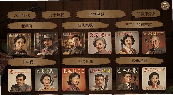 老歌免费听音乐软件内曲库分类页面,画面展示多个年代标签如八十年代、九十年代、经典民歌等,每个标签下方排列老歌专辑封面,背景为深棕色木质纹理,右上角有搜索放大镜图标,整体风格复古温馨,适配Boogu模型生成