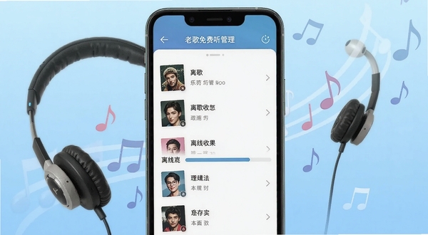 老歌免费听音乐软件离线缓存管理界面,画面显示已下载歌曲列表和下载进度条,手机屏幕外有耳机和音符元素环绕,背景为浅蓝色渐变,突出离线收听功能,适配Boogu模型生成