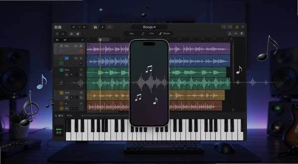 叙曲音乐创作软件主界面展示,画面中央为叙曲应用的多轨音频编辑界面,包含波形轨道与虚拟钢琴键盘,背景为深色渐变的工作室环境,柔和蓝紫色灯光氛围,手机屏幕悬浮于画面正中,周围点缀音符与声波图形,整体风格现代简洁,适配Boogu模型生成