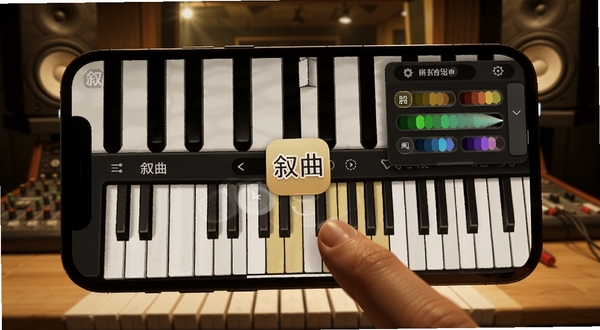 叙曲内置虚拟乐器界面特写,画面展示手机屏幕上的钢琴卷帘与音色选择面板,手指正在点击琴键触发音符,背景为录音棚环境,暖色灯光聚焦于手机屏幕,画面中带有叙曲应用图标水印,细节丰富,风格写实,适配Boogu模型生成