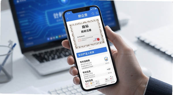 助企查知识产权查询页面,手机屏幕展示商标注册证书和专利信息列表,背景为科技蓝与白色搭配,专业商务风格,助企查软件界面