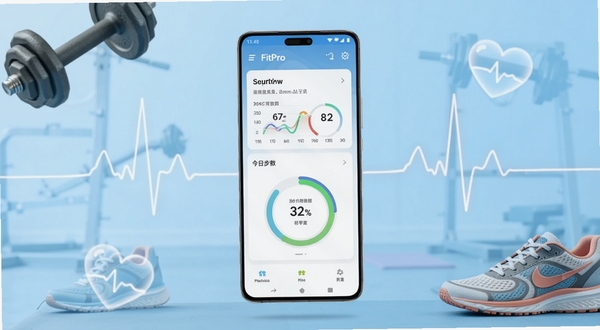 Hello FitPro 运动健身应用主界面展示,画面中央是一部竖屏安卓手机,屏幕显示运动数据仪表盘与今日步数环形图,背景为浅蓝色渐变运动场景,四周点缀哑铃、跑鞋与心率线条元素,整体风格清爽科技感,适配Boogu模型生成