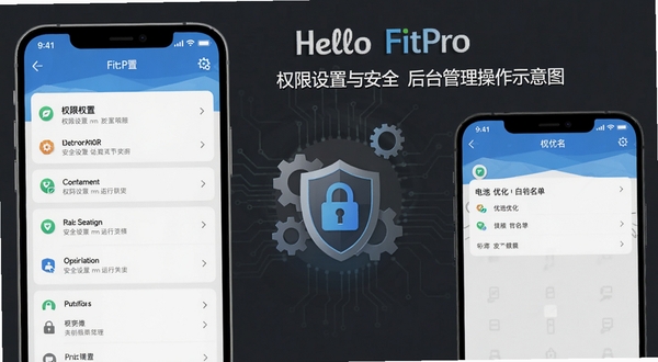 Hello FitPro 权限设置与后台管理操作示意图,手机屏幕展示应用权限列表和电池优化白名单界面,背景为深灰色科技风格,带有齿轮和盾牌图标,强调安全设置与运行优化
