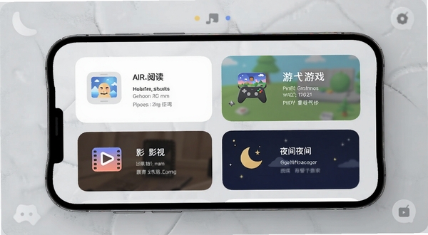AIR-Look 多场景预设功能界面,手机屏幕展示阅读、游戏、影视、夜间四个模式卡片,每个卡片配有对应的场景小图标和简短的参数描述,界面风格清新扁平化,背景为浅灰色磨砂质感