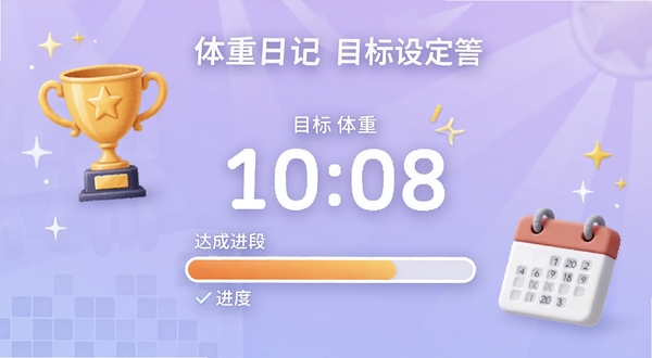 体重日记目标设定页面,显示目标体重数字和进度条,背景为淡紫色渐变,画面中有奖杯和日历图标,传达达成目标的成就感