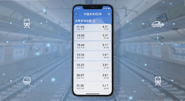 China Train Booking ��Ʊ��ѯ���ҳ�棬�ֻ���Ļ��ʾ���˸��������б�����������ʱ�䡢����ʱ������Ʊ���֣�����Ϊ������ɫ������棬�Ƽ���ͼ���׺