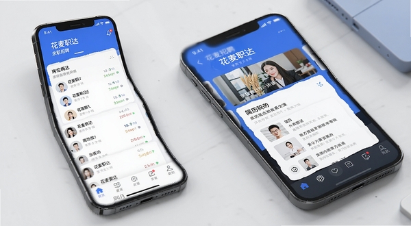 花麦职达 求职招聘 手机应用界面 展示岗位列表与简历卡片 蓝色主色调 现代简约风格 高清细节