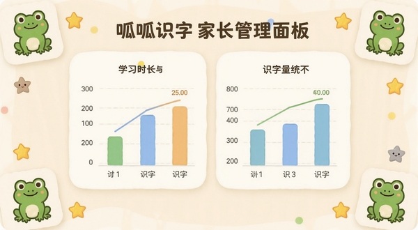 呱呱识字家长管理面板数据展示,画面中央是学习时长与识字量统计图表,背景区域为柔和的米色界面,四周有卡通青蛙与星星图标点缀,整体风格简洁清晰