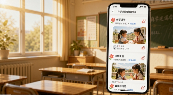 伴学课堂班级圈动态页面,手机显示图文混排的动态列表,有花朵与点赞图标,背景为温暖的教室一角,阳光透过窗户,营造温馨互动氛围