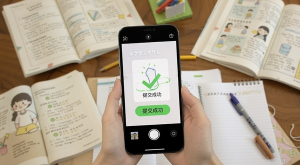 伴学课堂作业提交界面示意图,画面展示手机端拍照上传作业的操作流程,屏幕中有对勾与提交成功动画,背景为书桌场景,散落课本与文具,体现学习氛围