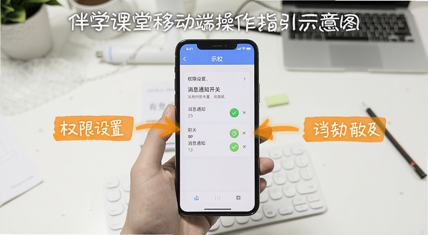 伴学课堂移动端操作指引示意图,画面以手机屏幕截图形式展示权限设置与消息通知开关位置,标注清晰箭头指引,背景为简洁的白色工作台,突出教程属性