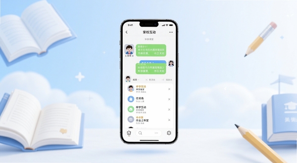 伴学课堂官方应用界面全貌展示,画面中央悬浮一部智能手机,屏幕内呈现家校互动聊天界面与作业列表,背景为柔和蓝白渐变的教育主题场景,点缀书本与铅笔元素,整体风格清新明亮,适配Boogu模型生成