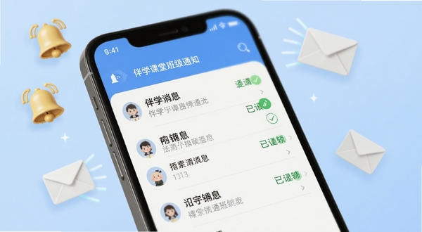 伴学课堂班级通知功能特写,手机屏幕显示消息列表与已读回执标记,界面简洁,周围环绕漂浮的铃铛与信封图标,背景为浅蓝色调,突出即时通讯的便捷感