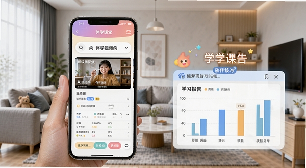 伴学课堂最新版本功能界面截图,画面展示班级圈短视频与学习报告图表,手机屏幕色彩鲜艳,背景为现代家居环境,突出更新亮点