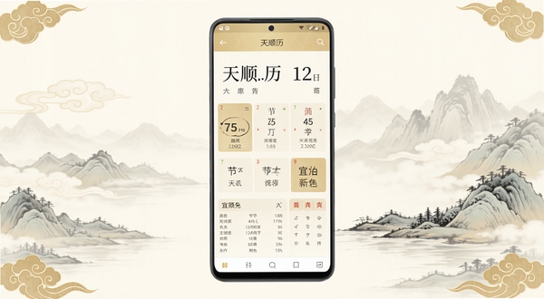 天顺历手机应用主界面全景展示,画面中央为一部竖屏安卓手机,屏幕显示日历主页面,包含公历日期、农历日期、节气信息和宜忌列表,背景为淡雅的中国风山水元素,整体色调以米白和浅金为主,画面四角点缀云纹装饰,高清渲染风格,适合应用商店截图展示