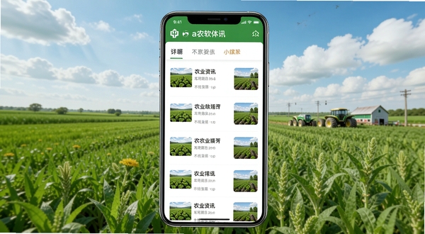 中a农软件主界面全貌展示,画面中央为手机屏幕显示农业资讯列表,背景为绿色田野与蓝天白云,整体色调清新自然,突出农业主题与移动端应用场景