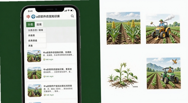 中a农软件农技知识库页面,手机屏幕显示分类目录与文章列表,画面一侧有农业技术图解元素,整体风格务实清晰