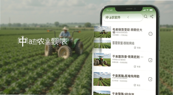 中a农软件内农业资讯列表页面,手机屏幕展示多条新闻标题与缩略图,界面干净整洁,背景为虚化的农田场景,强调信息聚合功能