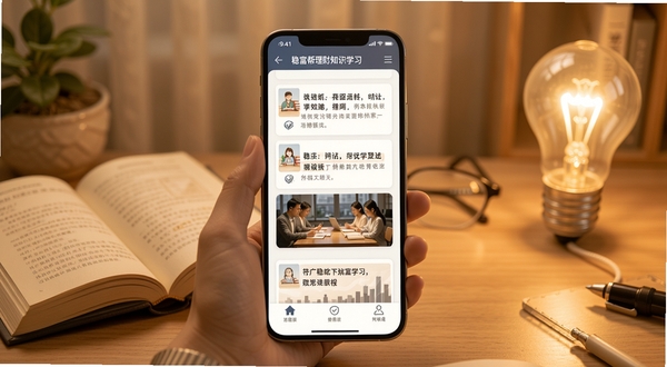 稳富帮理财知识学习界面,手机屏幕显示文章列表与图文教程,画面中有书本和灯泡元素点缀,整体色调温暖柔和,体现学习氛围