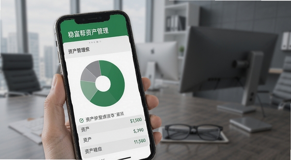 稳富帮资产管理页面,手机屏幕中展示饼状图与资产列表,画面以绿色和灰色为主,背景简洁商务风格,突出数据管理功能