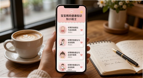 宝宝姨妈健康知识小贴士界面,手机屏幕显示粉色卡片式文章列表,标题为经期饮食建议与运动指南,背景为温馨的咖啡馆桌面,有咖啡杯和笔记本,整体氛围轻松舒适
