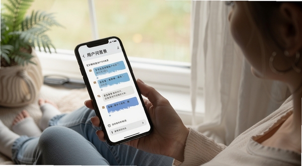宝宝姨妈用户问答场景图,手机屏幕显示问答界面,背景为女性手持手机坐在窗边,光线柔和,氛围安静,突出私密与信任感