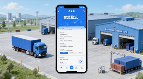 传化通 智慧物流APP界面展示图 手机屏幕居中显示 背景为现代化物流园区 包含货车与仓库元素 科技蓝主色调 扁平化设计风格
