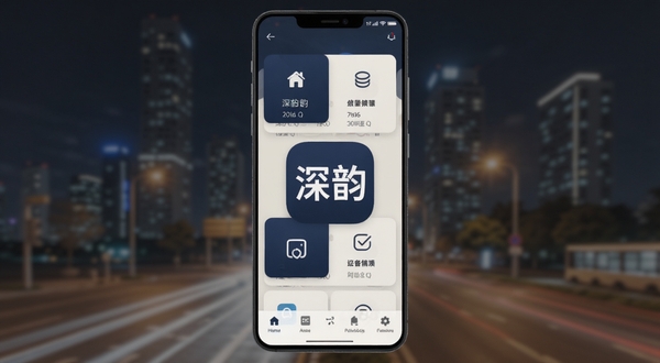 深韵 安卓手机应用界面展示 软件主色调为深蓝色与灰白色 背景为简洁的城市夜景虚化 手机屏幕中显示深韵的功能卡片和底部导航栏 画面中心突出深韵应用图标 整体风格清爽现代 适配Boogu模型生成