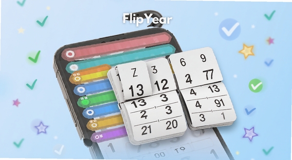 FlipYear 软件功能展示图,手机屏幕中显示多个彩色目标进度条与翻页日历卡片重叠排列,背景为淡蓝色渐变,点缀对勾图标和星星标记,画面简洁明快,突出目标追踪与成就反馈