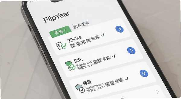 FlipYear 版本更新界面截图,手机屏幕显示更新日志列表,包含新增、优化、修复三类标签,背景为白色卡片式布局,点缀绿色对勾和蓝色箭头图标,风格清爽商务
