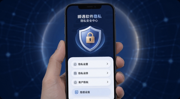 瞬遇软件隐私安全中心界面,手机屏幕显示着层层加密的盾牌图标和隐私设置选项,背景是深蓝色调中透出柔和的保护光晕,画面风格沉稳可靠,传达安全防护的产品理念
