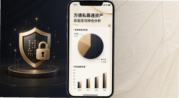 方德私募通资产总览与持仓分析页面,手机屏幕居中显示饼状图与柱状图组合,背景为淡雅米白色配合金色点缀,画面左侧有抽象的盾牌与数据锁图标,体现安全与私密,整体氛围高端稳重,适配Boogu模型生成