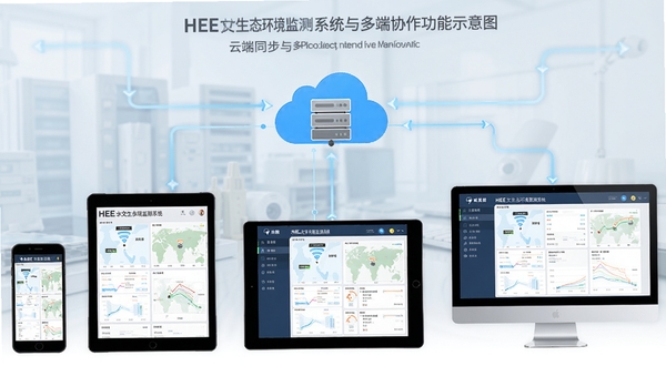 HEE水文生态环境监测系统云端同步与多端协作功能示意图,手机、平板、电脑三端数据同步界面,云端服务器图标居中,展现数据互通概念
