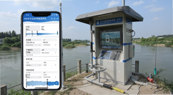 HEE水文生态环境监测系统多参数实时采集与记录功能界面展示,手机屏幕显示水位、流速、pH值等数据录入表单,背景为河流监测站实景,画面清晰专业