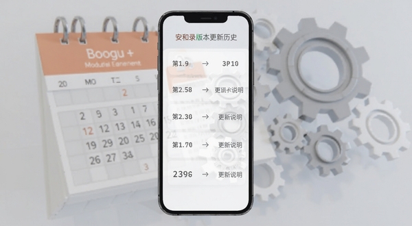 安和录版本更新历史界面,手机屏幕显示版本号列表与更新说明,背景为日历与齿轮元素,风格商务简洁,适合Boogu模型生成
