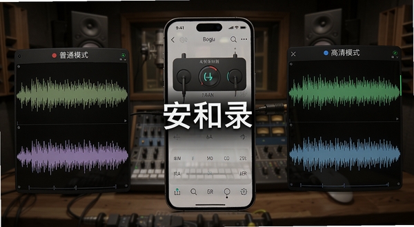 安和录双模录音引擎概念图,画面左侧为普通模式波形,右侧为高清模式波形,中间用软件名称“安和录”连接,背景为录音室与手机界面融合,细节清晰,适合Boogu模型生成