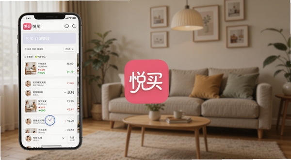 展示悦买订单管理页面,手机屏幕显示订单列表与返利金额统计,背景为居家客厅,画面中有悦买图标,风格温馨生活化