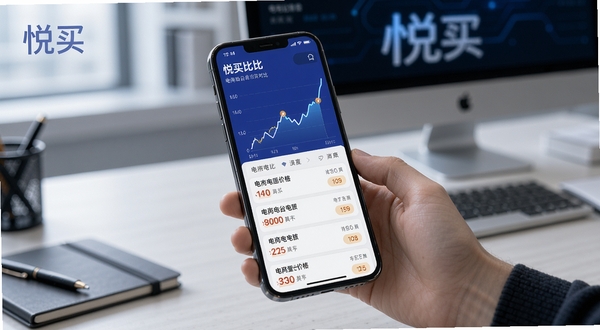 展示悦买比价功能界面,手机屏幕上显示价格曲线图与多个电商平台价格对比列表,背景为办公桌面,画面中有悦买字样,风格科技感