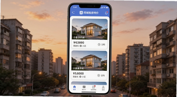 一款名为同城租房特价的手机应用界面,画面中央展示房源列表卡片,每张卡片上有房屋图片、租金价格和小区名称;背景是城市住宅楼群与暖色调的傍晚天空,整体风格简洁明快,突出找房便捷感