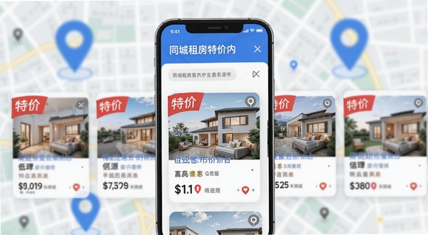 同城租房特价应用内特价房源聚合页面,画面中心是手机屏幕展示一排低价房源卡片,卡片上有醒目的特价标签和租金数字,背景是模糊的城市地图与定位图标,整体色调以蓝白为主,突出优惠感
