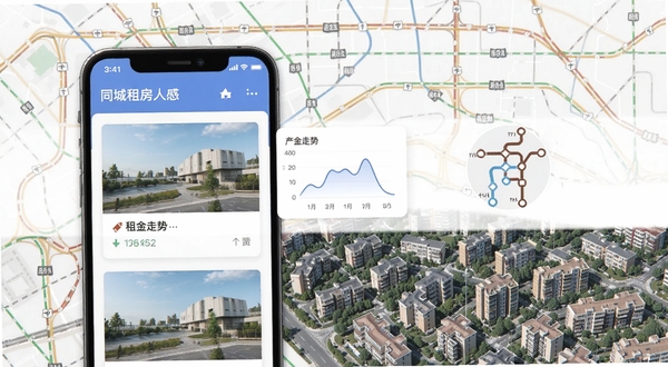 同城租房特价租金对比与通勤筛选界面,画面展示手机屏幕上房源卡片旁边有租金走势小图表和地铁线路图标,背景是城市交通线路图与住宅区俯瞰图,风格偏商务简洁,强调数据参考价值