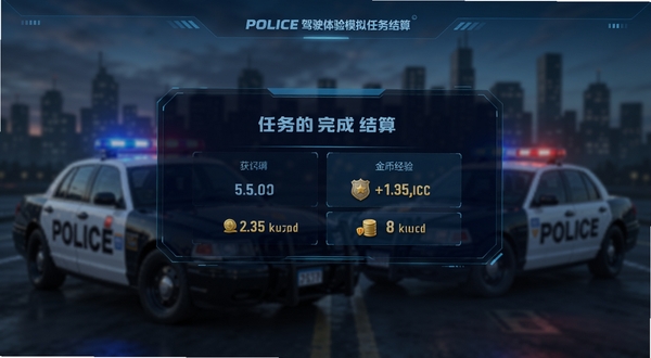 警车驾驶体验模拟任务结算界面预览图,画面中央显示任务完成评价与获得的金币经验数值,背景为模糊的警车与城市剪影,界面采用深蓝色科技感UI风格