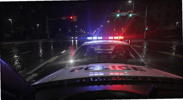 警车驾驶体验模拟雨天夜间巡逻预览图,画面中警车行驶在湿滑的城市道路上,警灯在雨幕中形成光晕,路面有积水倒影,远处红绿灯模糊可见,整体氛围紧张写实