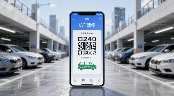 软件核心全貌展示图,画面中央放置一部智能手机,屏幕上清晰显示机车速停应用的挪车码界面,背景为城市停车场环境,光线明亮,风格简洁现代,突出隐私保护与便捷沟通的主题
