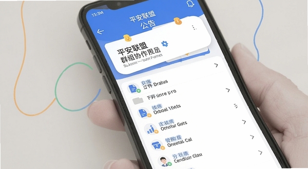 平安联盟 群组协作界面 公告置顶与文件列表 扁平化设计 蓝白配色 手机样机展示
