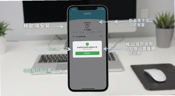 拼豆钻石画移动端安装与权限设置操作示意图,画面主体为手机屏幕显示权限管理界面和安装确认弹窗,背景区域为简洁的桌面环境,标注清晰